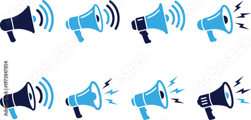 Megaphone icons collection with sound waves and lightning bolts.