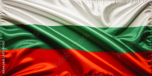 Waving Bulgaria flag with realistic silk texture, vibrant national colors, glossy fabric folds, patriotic background banner