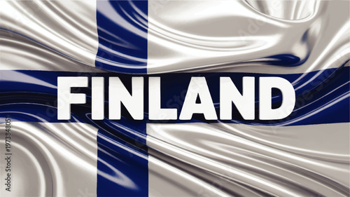 Finland flag with bold text on flowing silk fabric, blue Nordic cross and white satin waves, national identity background