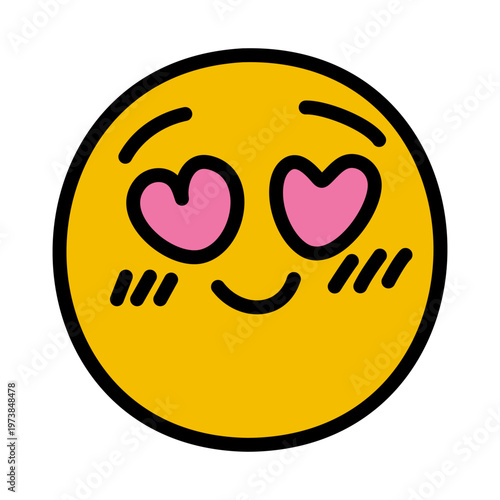 Love Emoji, smiling Emoticon with Hearts in eyes. Colorful simple Doodle of romance. Feelings of embarrassment, infatuation and affection. Positive Reaction in messenger. Isolated. Vector illustration