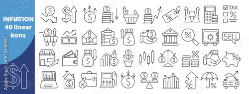 Large icon group, inflation sign set. Profit, loss, purchasing power, successful and unsuccessful investments. Vector illustration