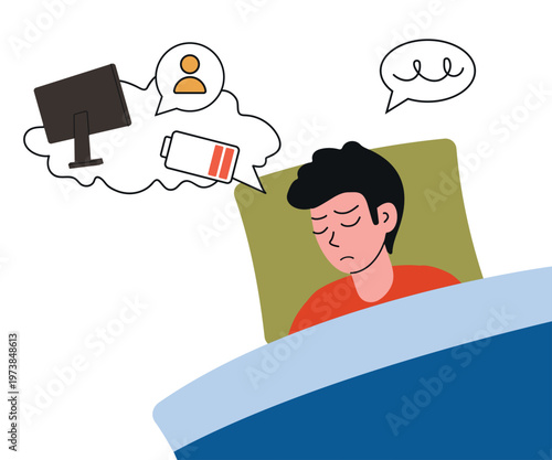 Stressed young man sleeps in bed but thinks about work. Doodle vector illustration for burnout, insomnia, and work-life balance