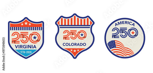 Set of United States of America 250th anniversary celebration badges. Happy 4th of July USA Independence Day graphic elements.
