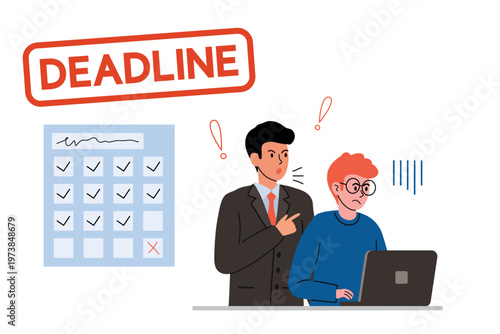 Strict boss reminds employee with laptop about deadline. Schedule on wall with marked date. Doodle vector illustration