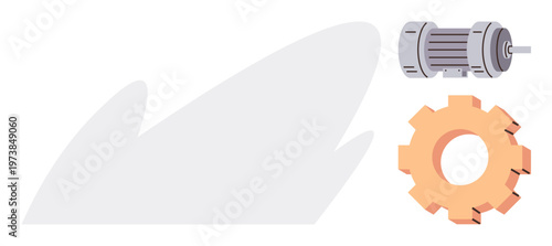 Industrial design, mechanical engineering, automation, manufacturing, machinery, technology. Electric motor and gearwheel as focal elements. Mechanical engineering and industrial design concept