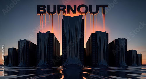Dark cityscape with burnout concept at sunset modern skyscrapers melting its illustration only