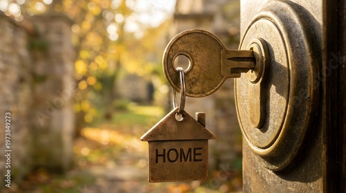 Silver house keys with home keychain tag on blurred autumn background