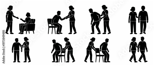 Elderly Care Assistance Icons Set, Nursing Support and Physical Therapy Help for Seniors, Caregiver Helping Old People Sit Stand and Walk, Professional Home Health Care Service Concept Vector Black Gr