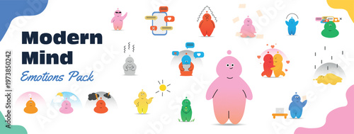 Modern flat character set showing emotions and mental health concepts. Cute colorful abstract people with feelings like stress, happiness, love and mindfulness for UI, apps and social media design.
