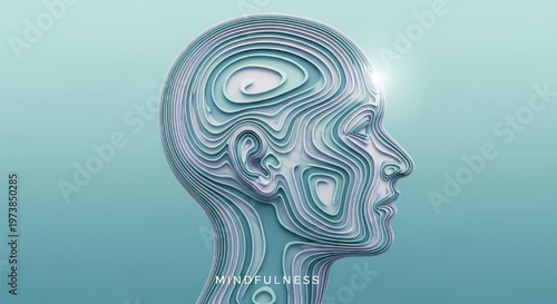 Mindful human head with swirling lines and light on blue background symbolizing mental clarity and focus its illustration only