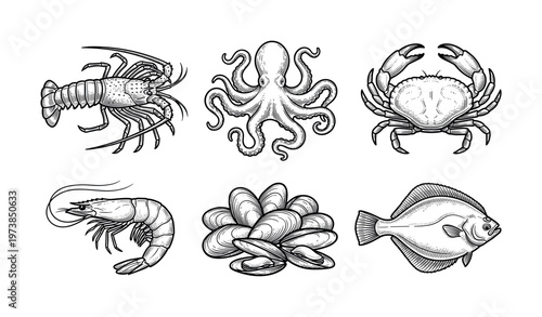 Collection of hand-drawn seafood icons: lobster, crab, octopus, shrimp, mussels, fish. Vintage engraving vector art for restaurant menus or food branding.
