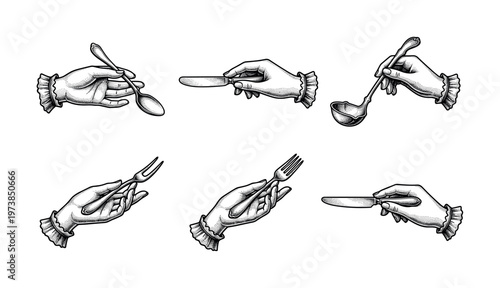 Set of vintage hands holding cutlery in retro engraving style. Vector icons of fork, knife, spoon for restaurant menus, logos, and elegant food branding.