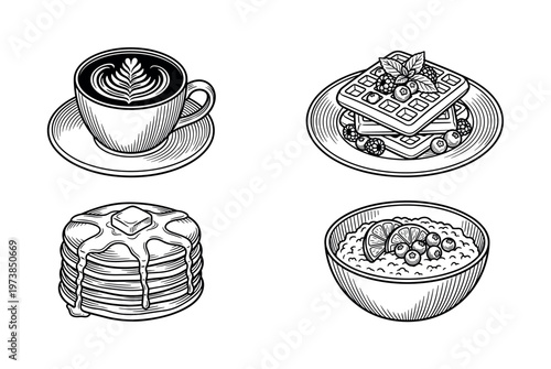 A collection of hand drawn breakfast food icons. Includes coffee, waffles, pancakes, and oatmeal. Vintage sketch style perfect for cafe menus, branding, and food blogs.