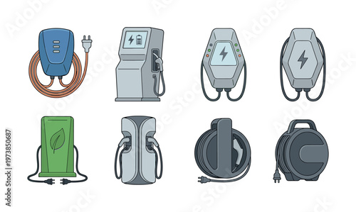 A vector set of various electric vehicle charging stations. Icons illustrate EV supply equipment for green energy and sustainable transport concepts.