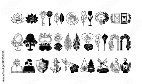 A diverse set of minimalist black vector icons and silhouettes. Includes floral, nature, and mystical symbols for logo, tattoo, or sticker design.
