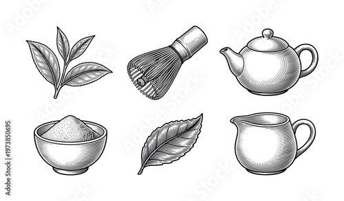 A set of vintage engraving style illustrations for a tea ceremony. Includes tea leaves, matcha powder, whisk, and teapot. Perfect for elegant packaging, menus, and branding.