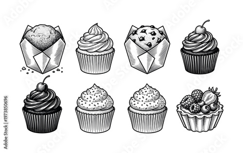 Vintage set of hand drawn cupcakes, muffins and tartlet. Black and white sketch illustration for bakery menu, cafe logo design or pastry branding.