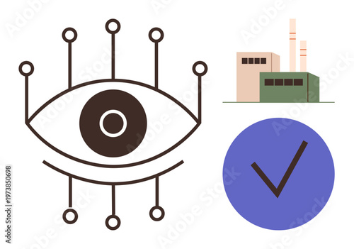 Surveillance, automation, technology integration, quality assurance, industrial monitoring, compliance. Eye with connected points, factory checkmark in blue circle. Surveillance and automation