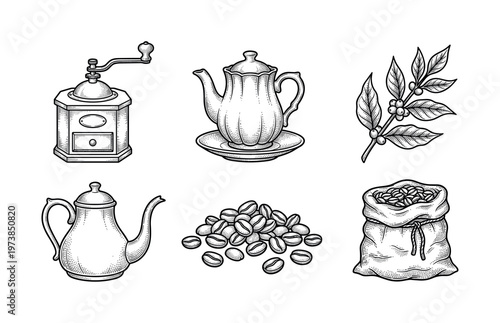 Hand-drawn vector set of retro coffee elements. Includes grinder, pot, beans, and plant branch. Engraving style illustration for cafe branding and menu design.
