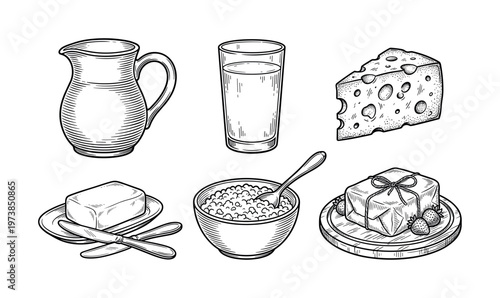 Vintage set of dairy products. Hand drawn sketch of milk, cheese, butter, and cottage cheese. Vector illustration for menu, packaging or farm branding.