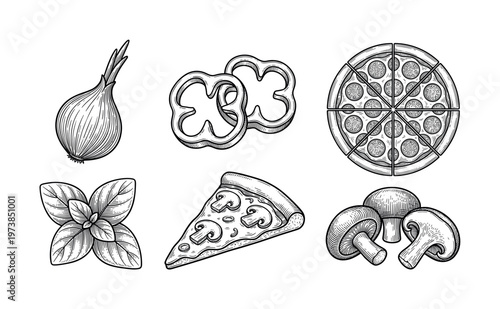 Vintage vector set of pizza and ingredients. Hand drawn engraving style illustration of onion, mushroom, pepper, and basil for a classic pizzeria menu or food packaging design.