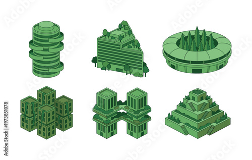 A collection of green futuristic isometric buildings. Concepts for sustainable architecture, eco city planning, and environmental design. Vector illustration set for modern projects.