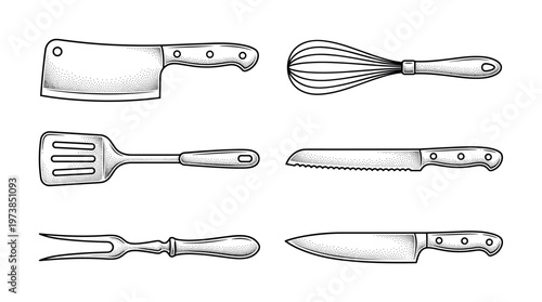 A set of kitchen utensils in a vintage engraving style. Includes knife, cleaver, whisk, and spatula. Perfect for restaurant menus, cooking blogs, or food packaging design.