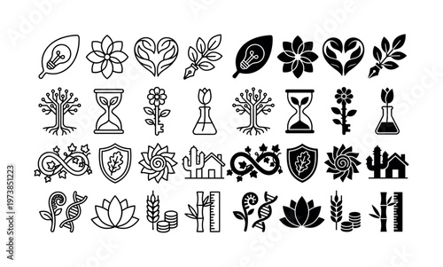Set of black linear and glyph icons for ecology and business. Symbolic vector collection for logo, web, and presentation design. Concepts of growth, science, and innovation.