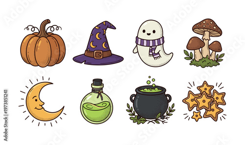 A cute set of Halloween and witchcraft doodle icons. Includes pumpkin, ghost, witch hat, and potion. Perfect for festive, magical designs, stickers, and invitations.
