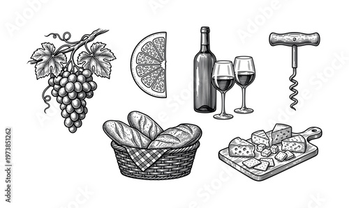A set of vintage wine and food icons. Hand drawn vector illustrations of grapes, cheese, bread, and wine for a restaurant menu or rustic design. Perfect for gourmet branding.
