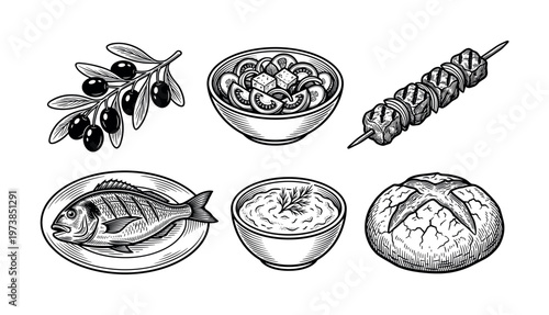 A set of Greek food illustrations in a vintage engraving style. Includes olives, salad, souvlaki, fish, bread, and dip. Perfect for menus, branding, and food packaging.