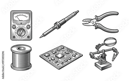 A set of electronics repair tools and components in a vintage engraving style. Includes soldering iron, PCB, multimeter. Ideal for technical guides, DIY, and engineering themes.