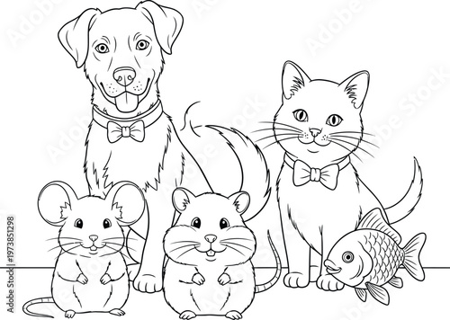Cute household pets group illustration, dog cat mouse hamster and fish line art vector