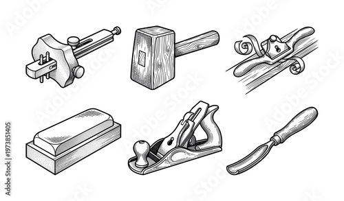 Set of vintage woodworking tools in a hand-drawn engraving style. Includes plane, chisel, mallet. Ideal for carpentry logos, craft branding, and DIY projects.