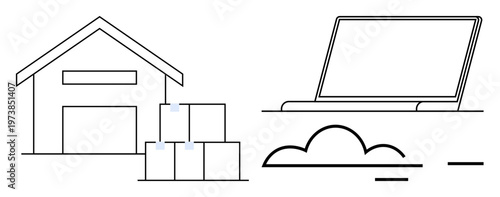 E-commerce, logistics, cloud storage, online retail, digital transformation, data management. are a warehouse, laptop and cloud. E-commerce and logistics concept