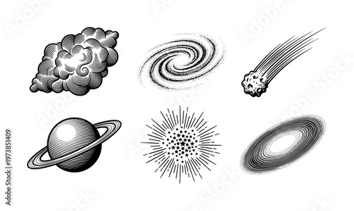 A set of vintage space elements in a black and white engraving style. Includes galaxy, planet, nebula, and comet icons for science, astrology, or esoteric design projects.