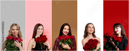 Gorgeous women with bouquets of red roses on colorful backgrounds. Collection of portraits