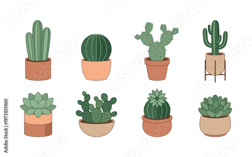 A cute collection of potted cactus and succulent plants. This modern flat design vector set is perfect for home decor graphics, stickers, and botanical icons.