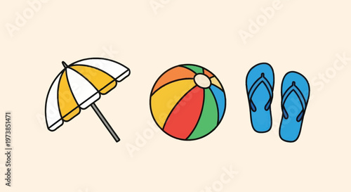 Beach Umbrella, Beach Ball, and Flip Flops Vector Set for Summer Vacation and Leisure
