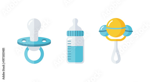 Baby Pacifier, Bottle, and Rattle Vector Set for Infant Care and Nursery Design