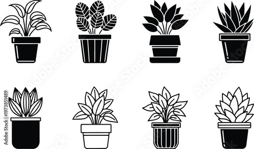 Set of potted houseplant vector icons, black and white indoor plant illustration collection