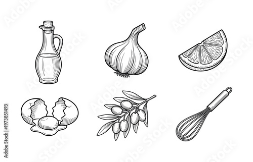 Hand drawn cooking ingredient icons. This vector set includes olive oil, garlic, lemon, and egg for classic recipes. Ideal for food blogs and culinary branding designs.