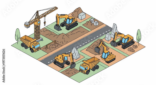 Yellow construction excavators and crane vehicles.