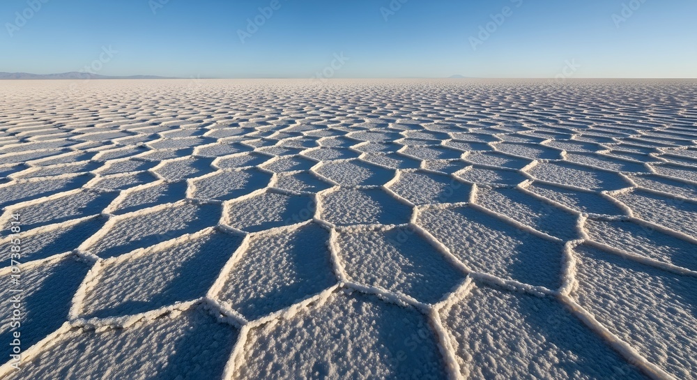 Fototapeta premium Vast Hexagonal Salt Flats Under Clear Blue Sky.