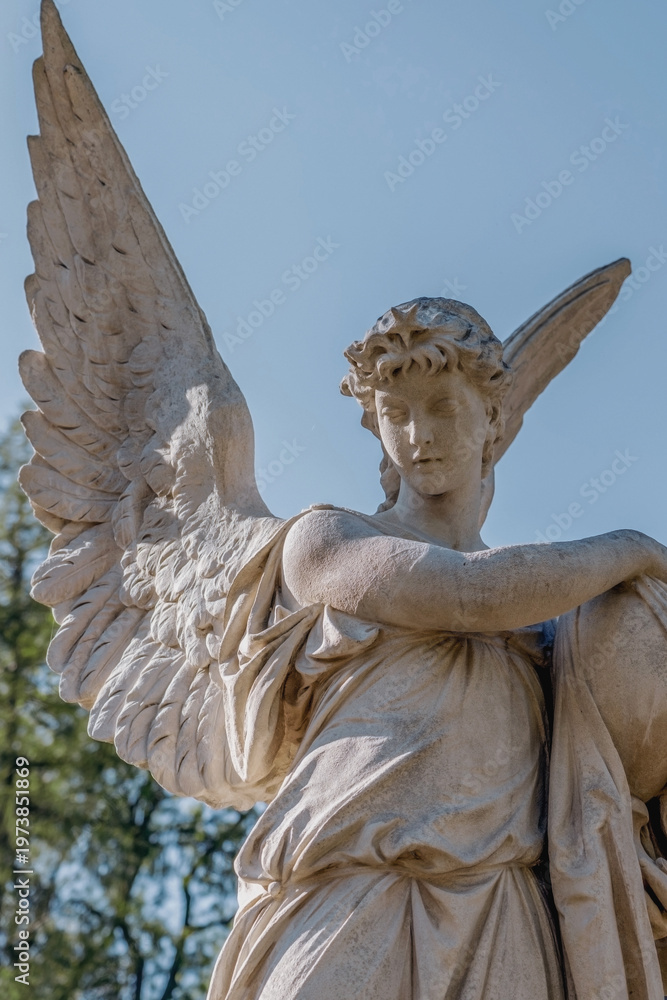 Fototapeta premium Statue of angel with wings against blue sky, symbol of protection, peace, memory and spirituality.