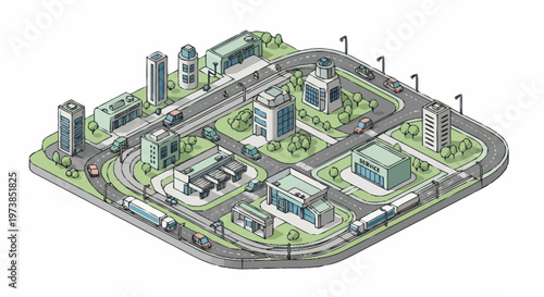 City infrastructure with roads and buildings.