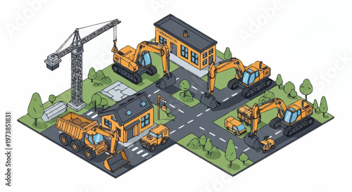 Construction Site with Crane and Trucks.