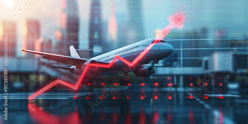Conceptual image of rising airfare driven by higher fuel prices, with an airplane silhouette above stacked coins and an upward red graph line against a blurred city background