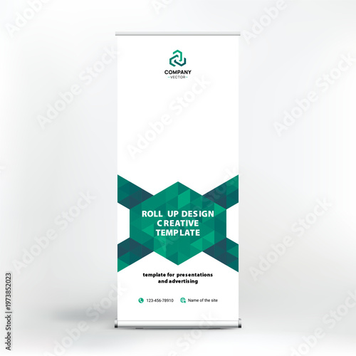 Banner design, roll-up stand for advertising, conferences, seminars, poster template for placing photos and text. Creative background for presentation