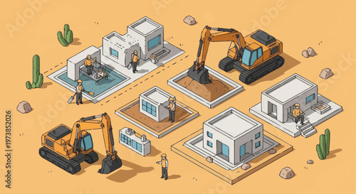 Construction site with excavators and buildings.